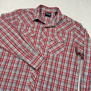 Wrangler Pearl Snap Shirt Mens XL Red Plaid‎ Long Sleeve Western Rodeo